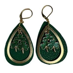 NWT Green & Brass Shamrock Drop Earrings For Women Faux Leather & Metal St. Patr